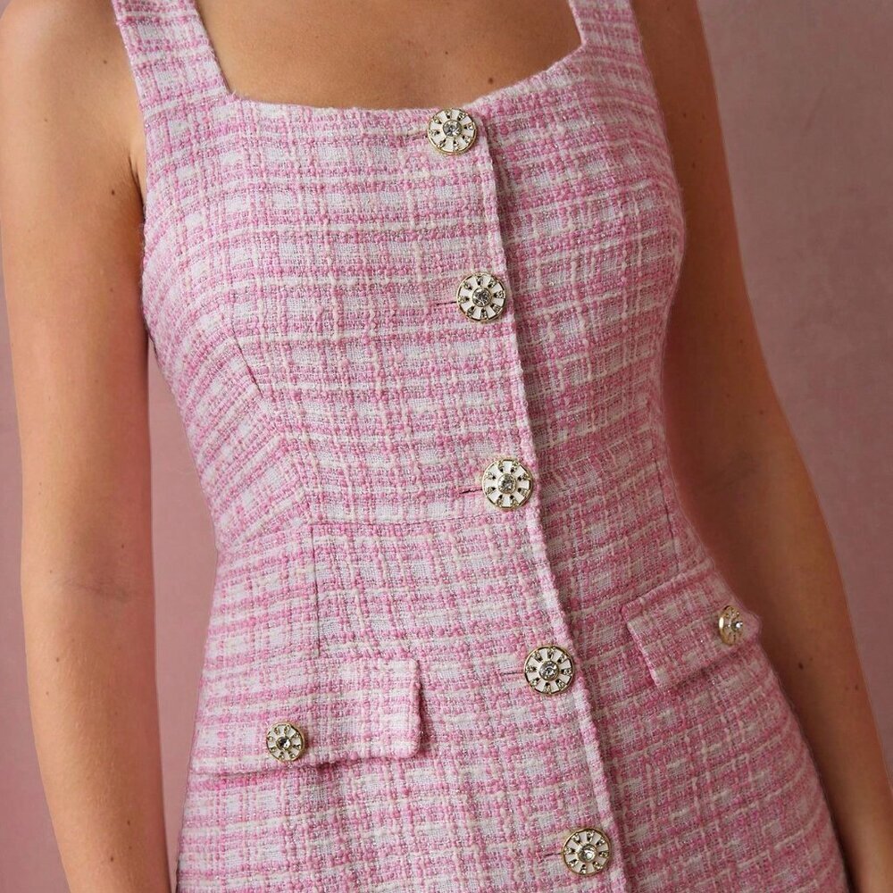 Pink Elegant Women's Romantic Plaid Mini Dress - Picture 7 of 7